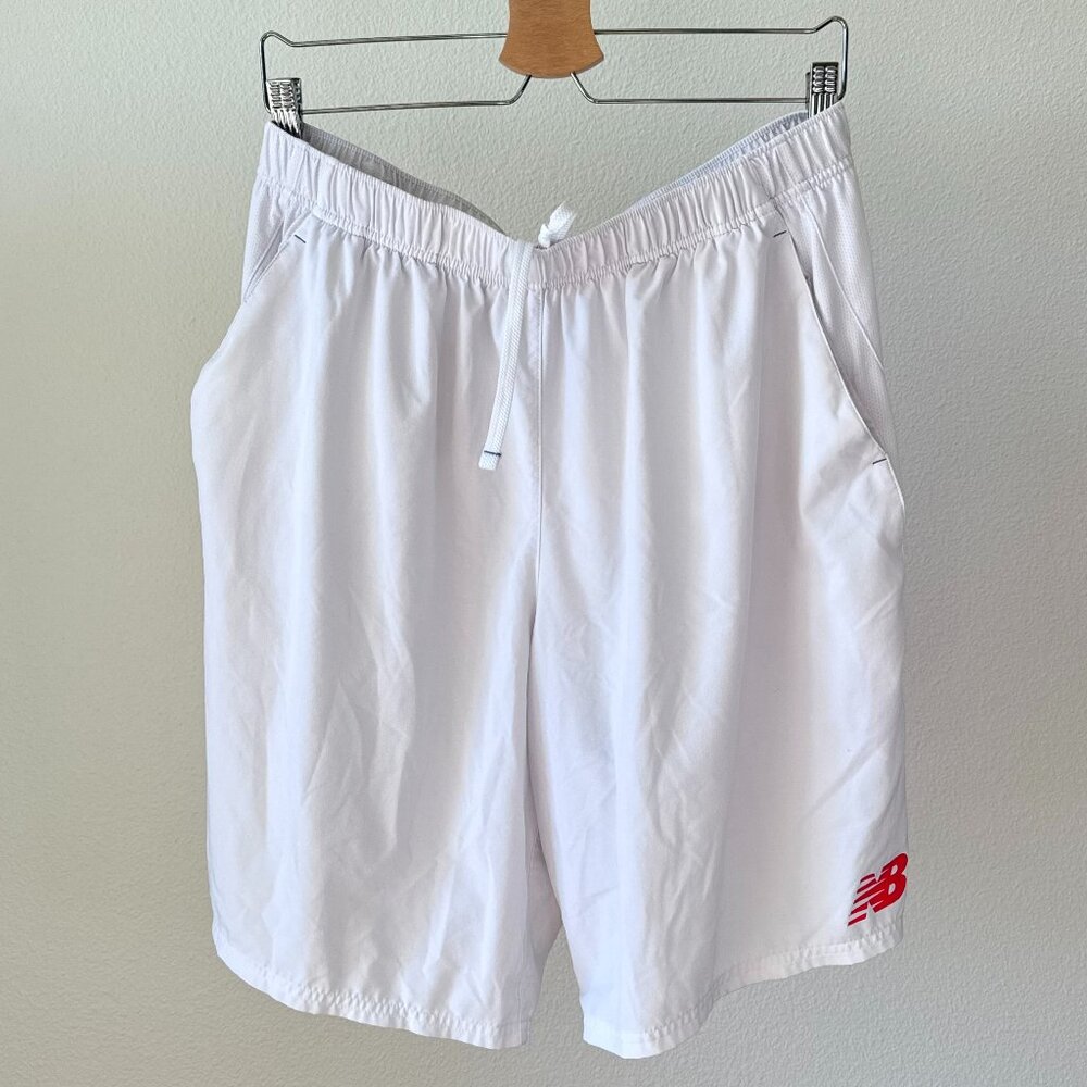 New Balance Tech Training Shorts White Red Logo | Athletic Gym Run | Men’s M